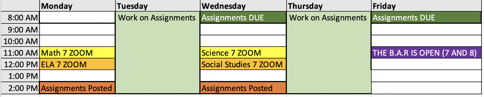 Work schedule for the week